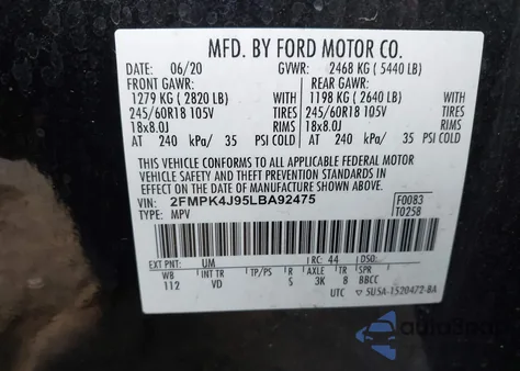 2020 Ford Edge Sel z USA, uszkodzony, nr VIN 2FMPK4J95LBA92475